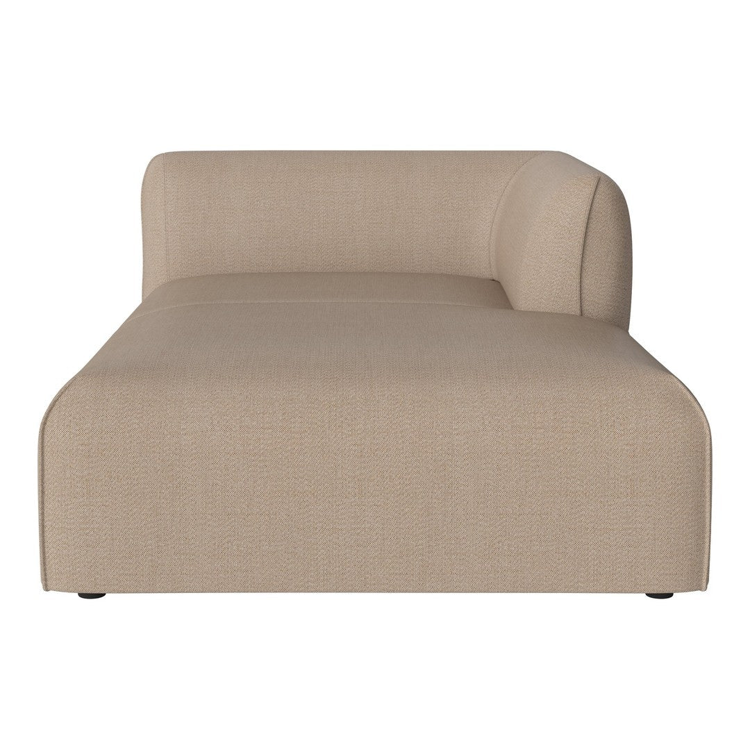 Beige upholstered chaise lounge with a smooth texture and modern, minimalist design. Ideal for stylish living spaces.