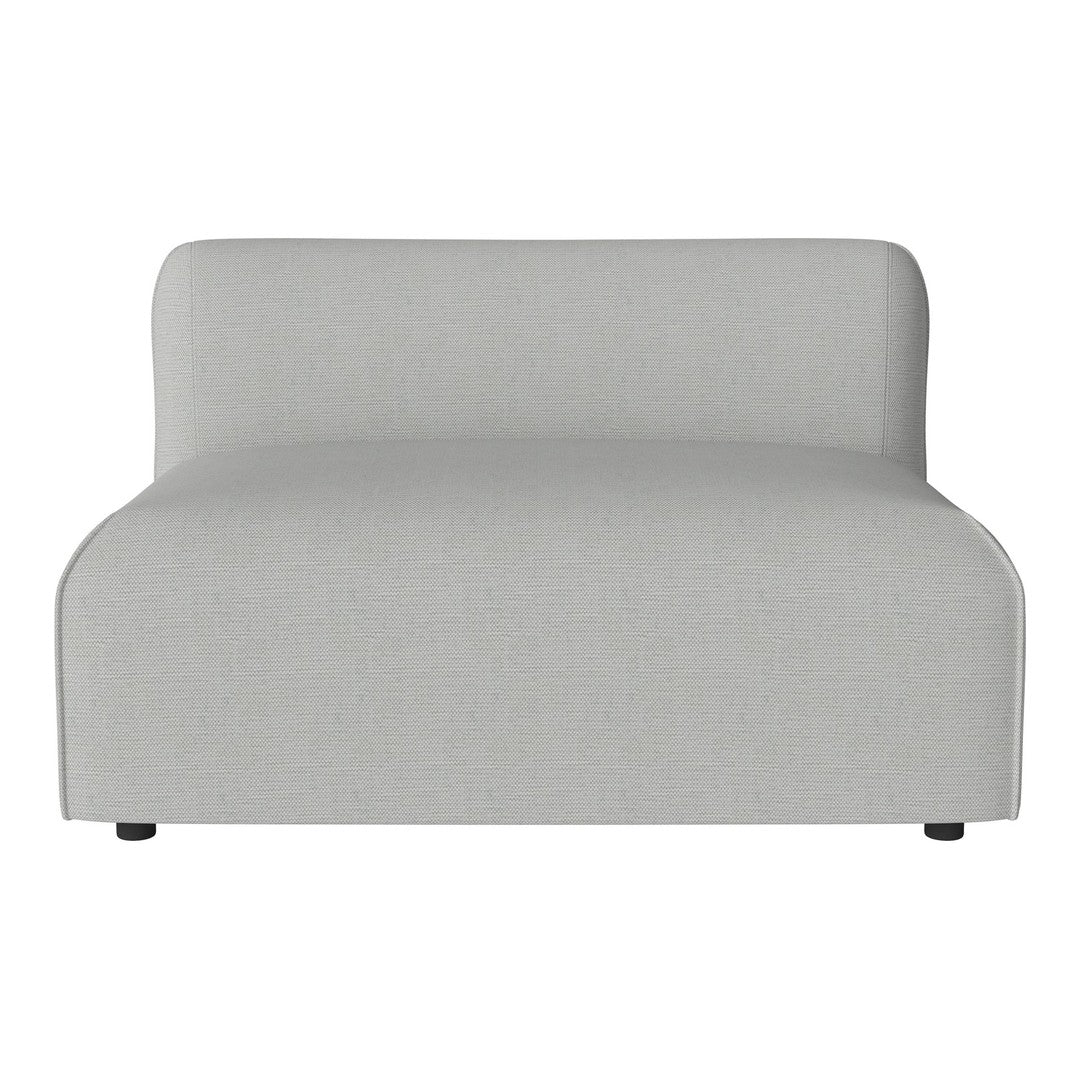 Light gray upholstered sofa with a smooth, minimalist design and rounded edges, perfect for modern decor.