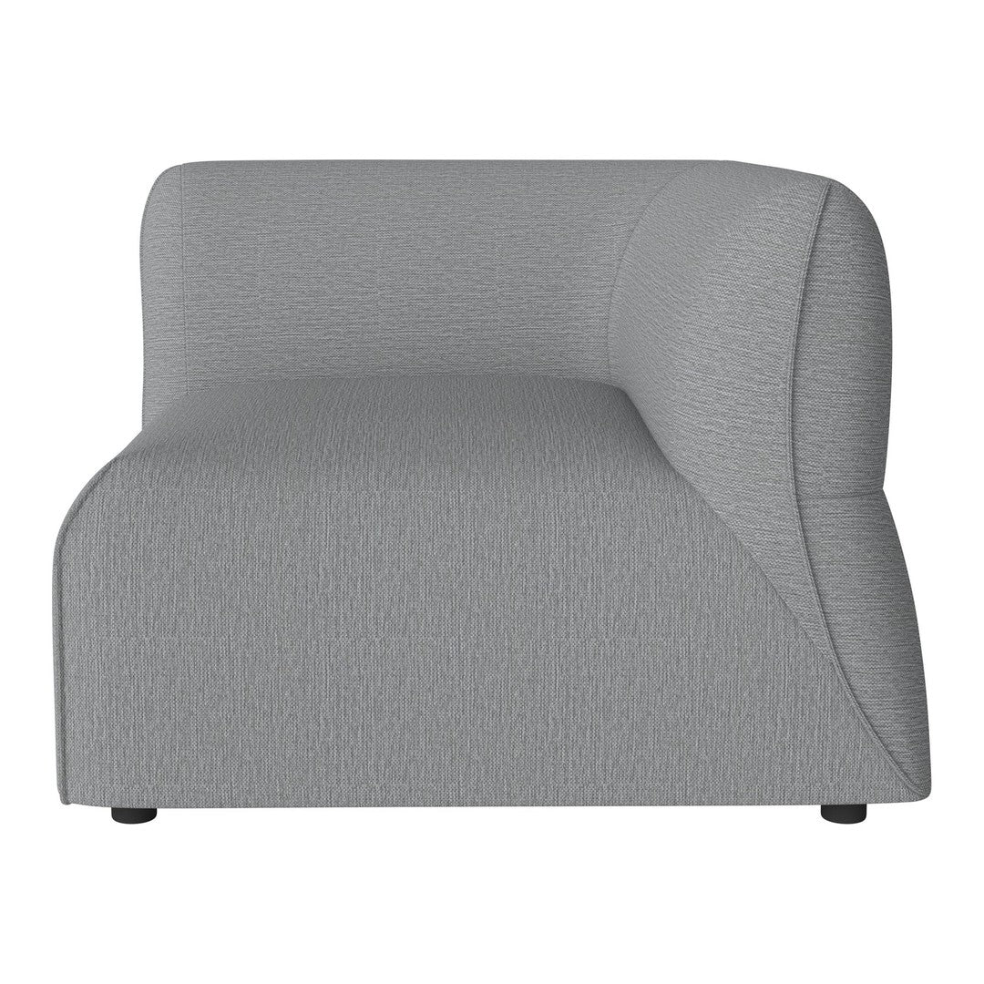 Gray upholstered sofa section with a textured pattern, featuring a modern, rounded design for contemporary interiors.