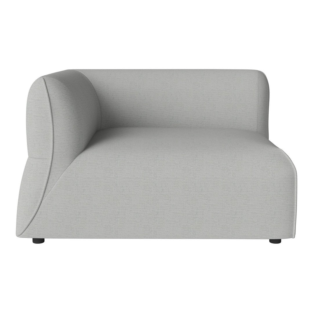 Light gray, minimalist one-arm sofa featuring a smooth, solid fabric texture and curved design. Perfect for modern decor.