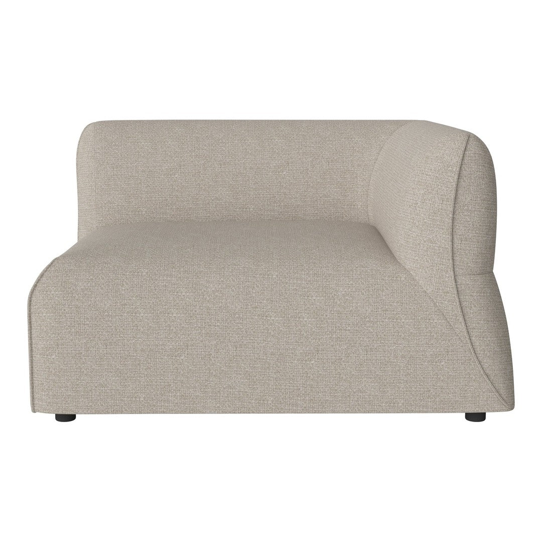 Beige curved sofa with a textured fabric pattern, ideal for modern living spaces.