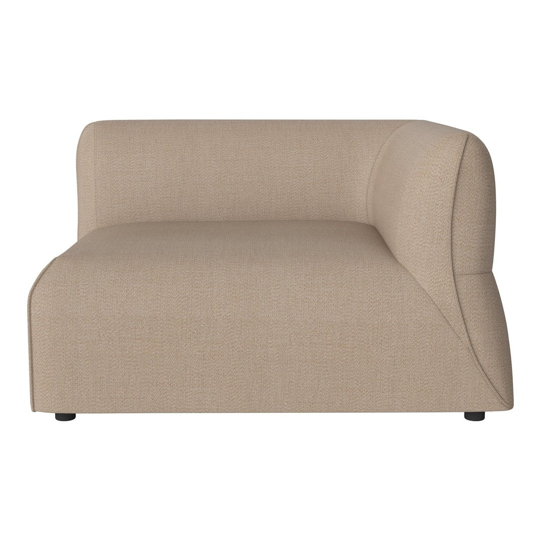 Beige, minimalist one-arm sofa with a soft texture and smooth curves, perfect for modern living spaces.