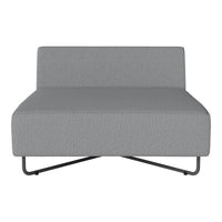 Gray upholstered lounge chair with subtle texture and sleek black metal legs, perfect for modern decor.