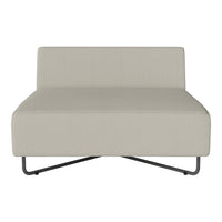 Light beige fabric accent chair with subtle texture, featuring a minimalist design and sleek black metal legs.