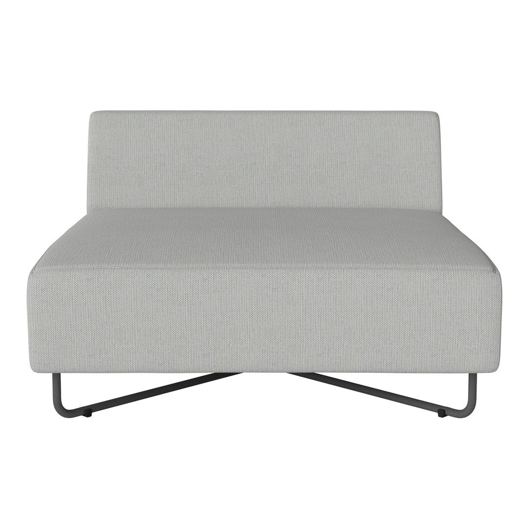 Light gray modular sofa with a smooth texture and minimalist design, featuring a sleek black metal base.