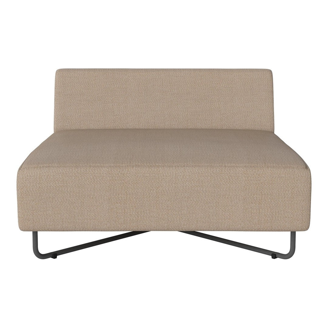 Beige modern lounge chair with a minimalist design and smooth fabric texture, featuring sleek metal legs.