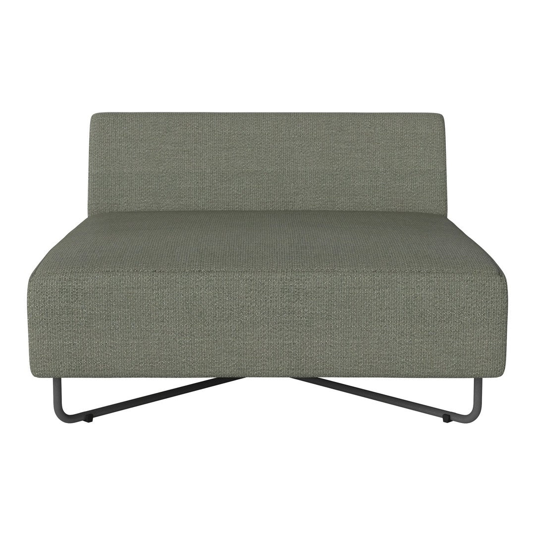 Sleek, modern sofa in muted olive green fabric with a minimalist design and metal base. Perfect for contemporary interiors.