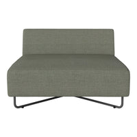 Sleek, modern sofa in muted olive green fabric with a minimalist design and metal base. Perfect for contemporary interiors.