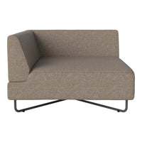 Taupe-colored sectional sofa with a textured fabric and minimalist design, featuring a sleek black metal base.
