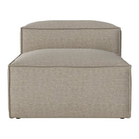 Light beige upholstered ottoman with subtle vertical stripes, offering a modern and stylish accent for any space.