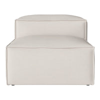 Neutral cream ottoman with a sleek, minimalist design and smooth fabric texture, perfect for modern decor.