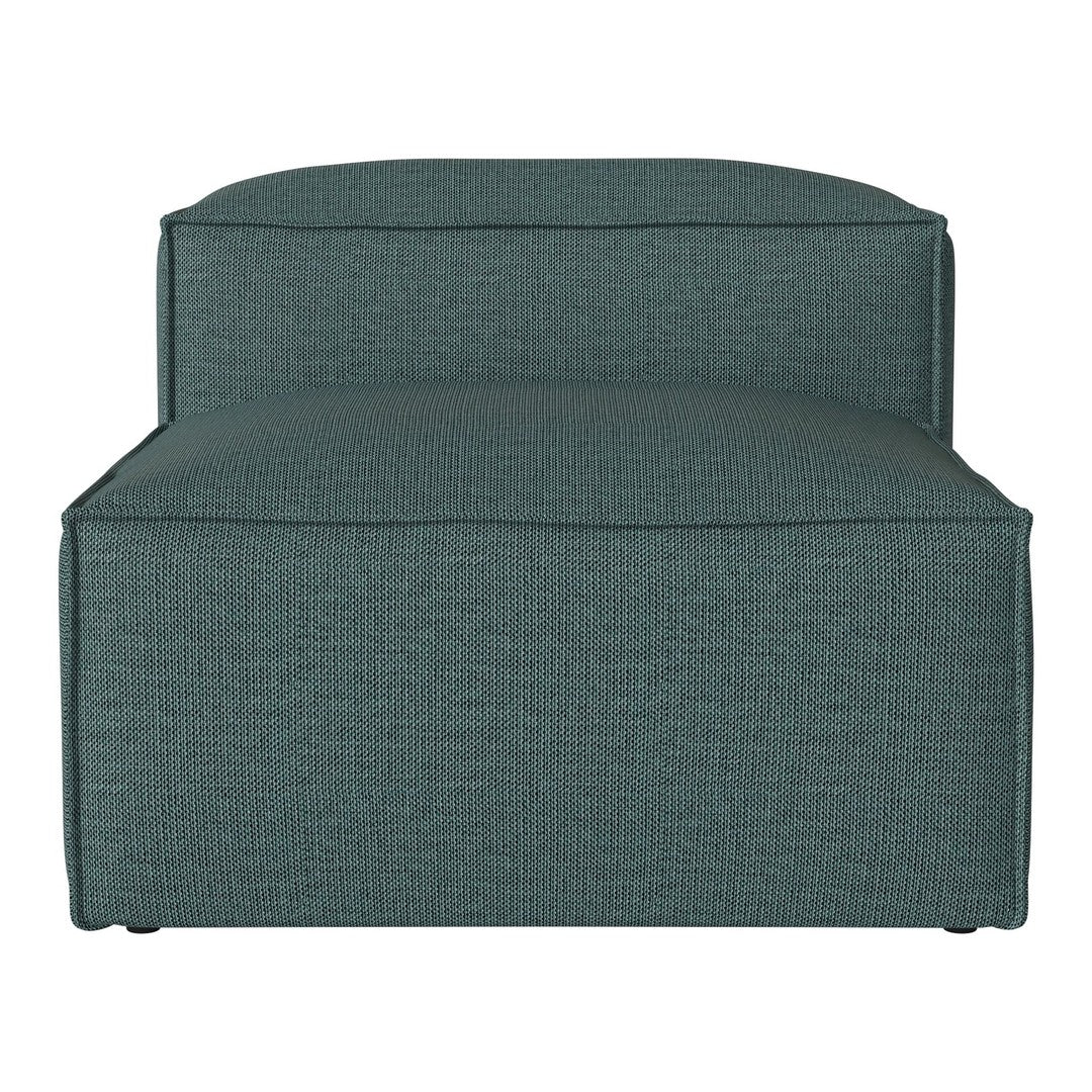 Teal upholstered chair with a textured pattern, featuring a minimalist design and clean lines. Perfect for modern decor.