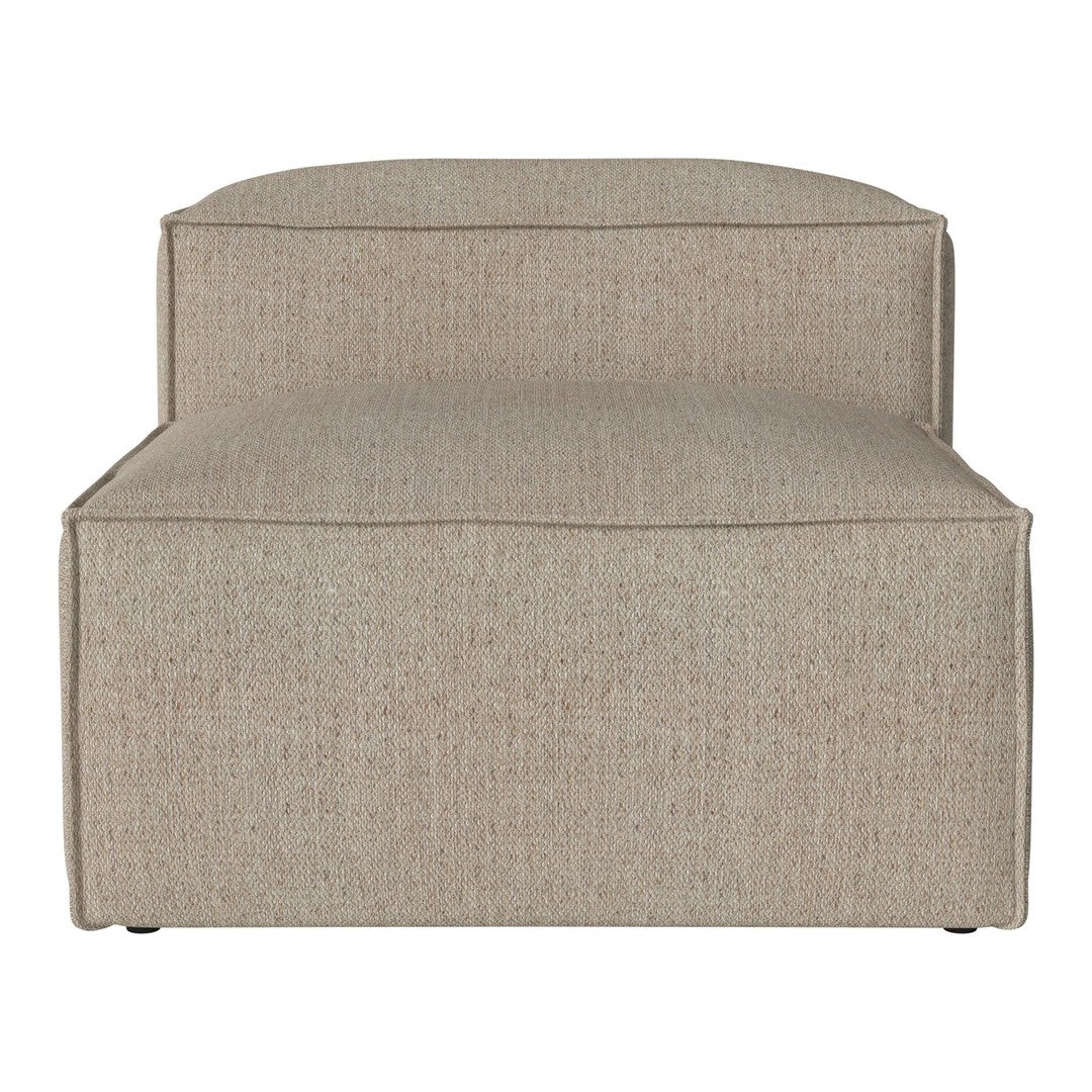 Beige textured fabric chaise lounge with a minimalist design and subtle speckled pattern. Ideal for modern decor.