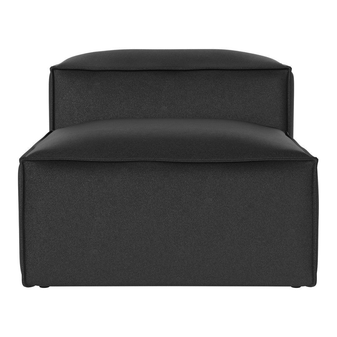 Black upholstered ottoman with a sleek, minimalist design. Smooth, solid color complements modern decor.