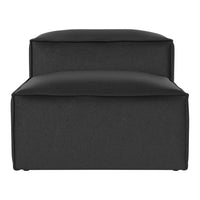 Black upholstered ottoman with a sleek, minimalist design. Smooth, solid color complements modern decor.