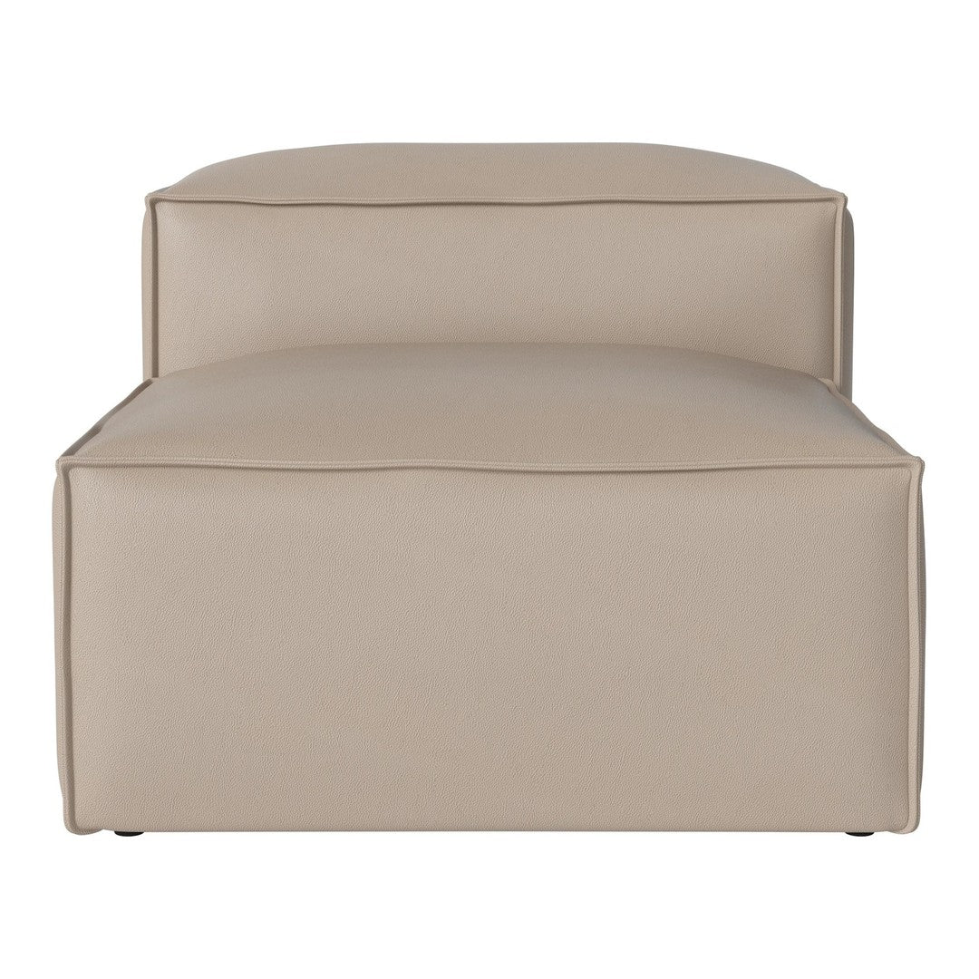 Beige upholstered ottoman with a smooth, minimalist design and subtle stitching details. Perfect for modern decor.