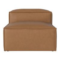 Brown faux leather ottoman with a smooth, minimalist design and clean edges. Perfect for modern interiors.