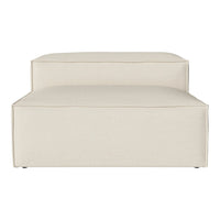 Neutral cream upholstered ottoman with solid color and clean, modern lines. Perfect for versatile interior styling.