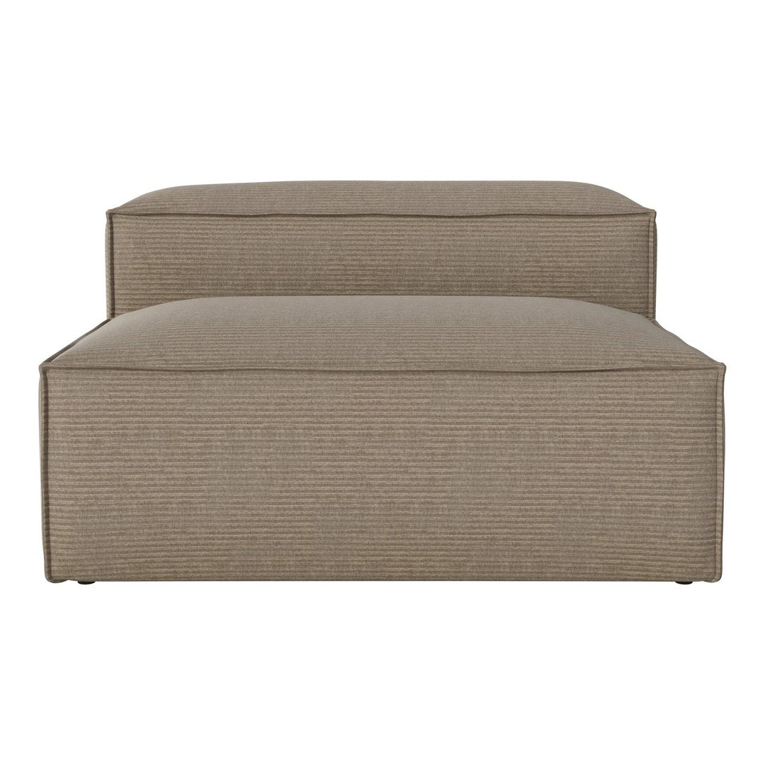 Beige upholstered ottoman with a subtle ribbed texture, ideal for modern decor. Versatile and stylish accent piece.