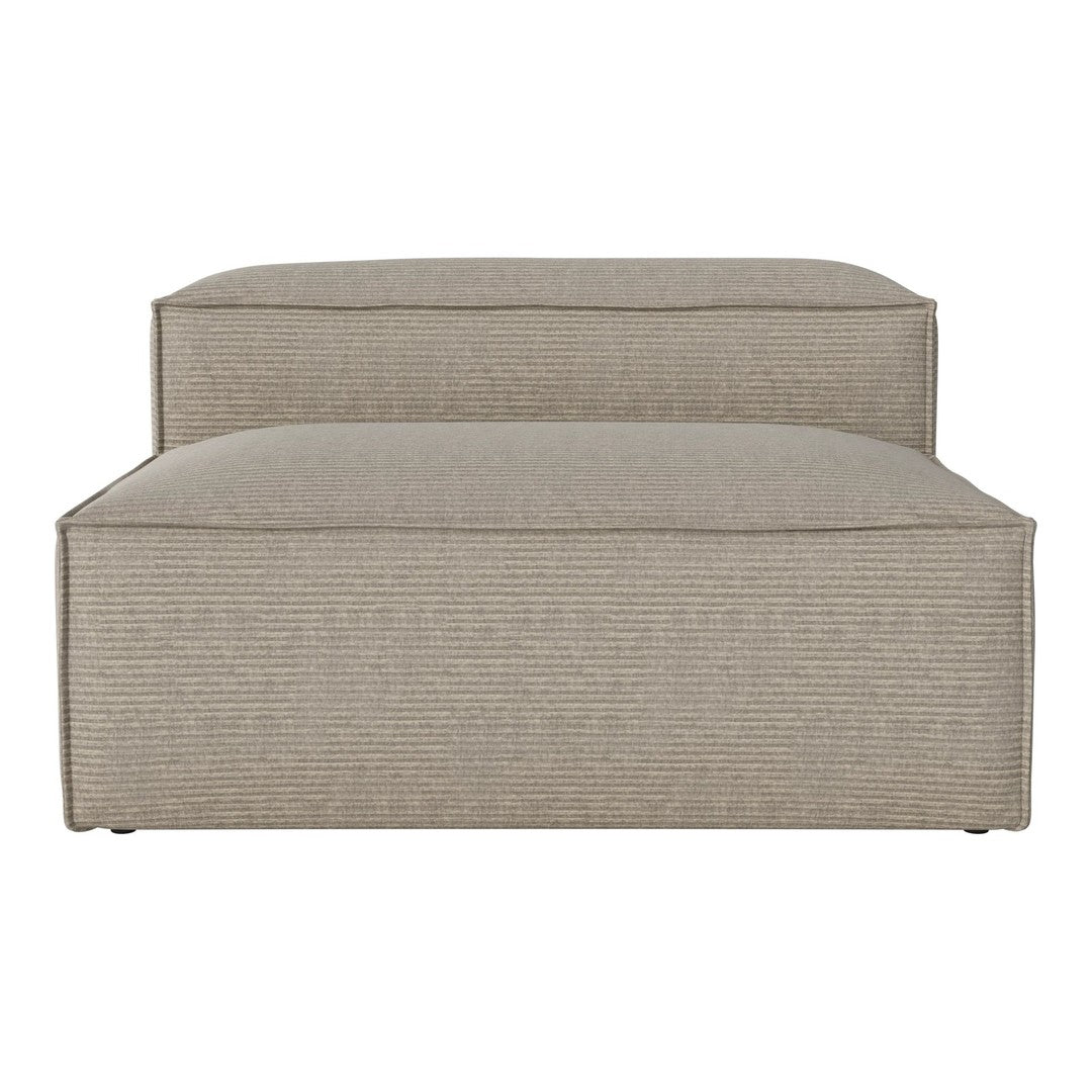 Beige textured ottoman with subtle striped pattern, perfect for modern living spaces.