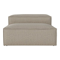 Beige textured ottoman with subtle striped pattern, perfect for modern living spaces.