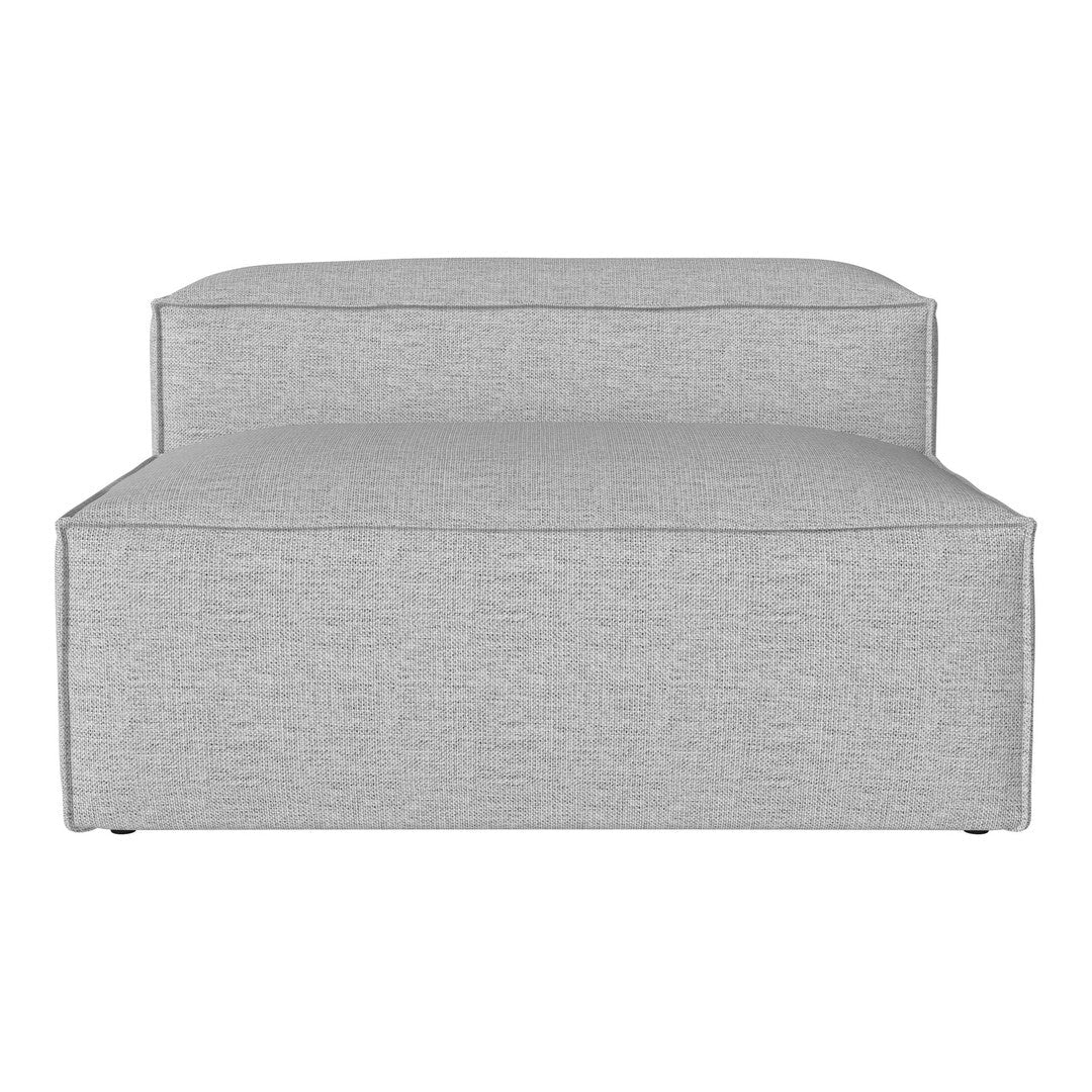 Gray upholstered chaise lounge with a clean, modern design and subtle textured pattern. Perfect for contemporary spaces.