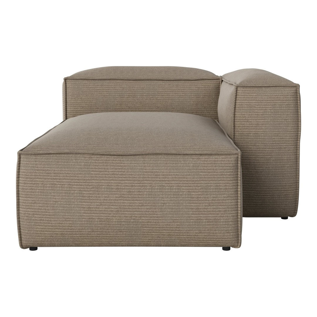 Beige fabric chaise lounge with subtle textured stripes for a modern, stylish look. Perfect for any living space.