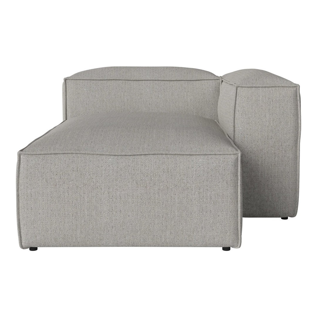 Light gray fabric chaise lounge with a simple textured pattern, featuring clean lines and a modern design.