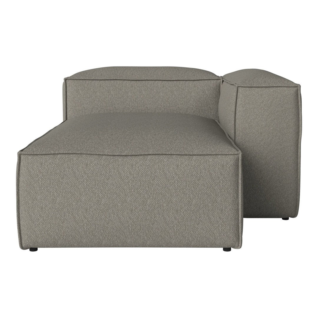 Light gray upholstered chaise lounge with a smooth, textured fabric and clean, modern rectangular shape.