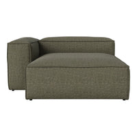Olive green textured fabric chaise lounge with minimalist design and clean lines, perfect for modern decor.