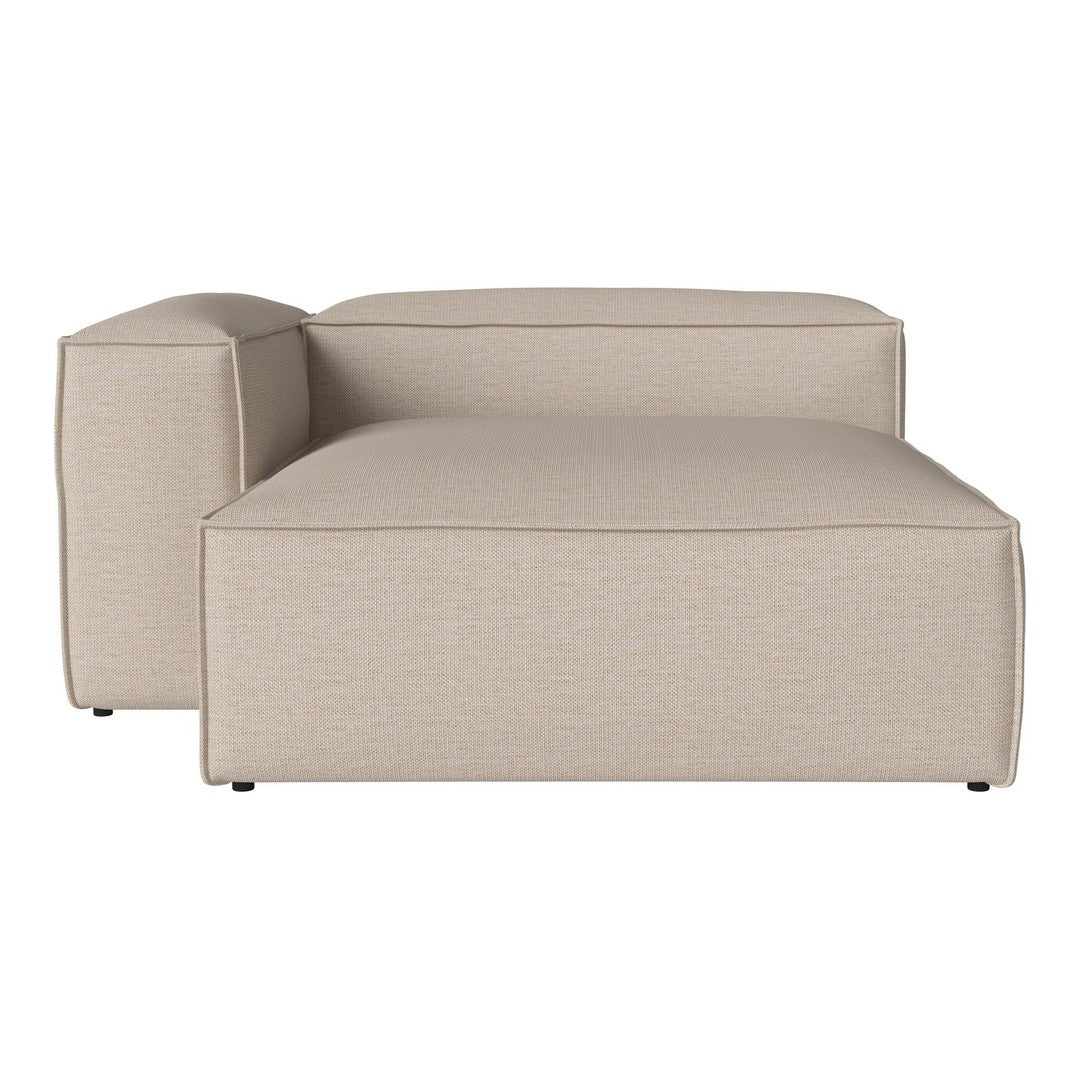 Beige upholstered chaise lounge with a textured pattern, featuring clean lines and minimalistic design.