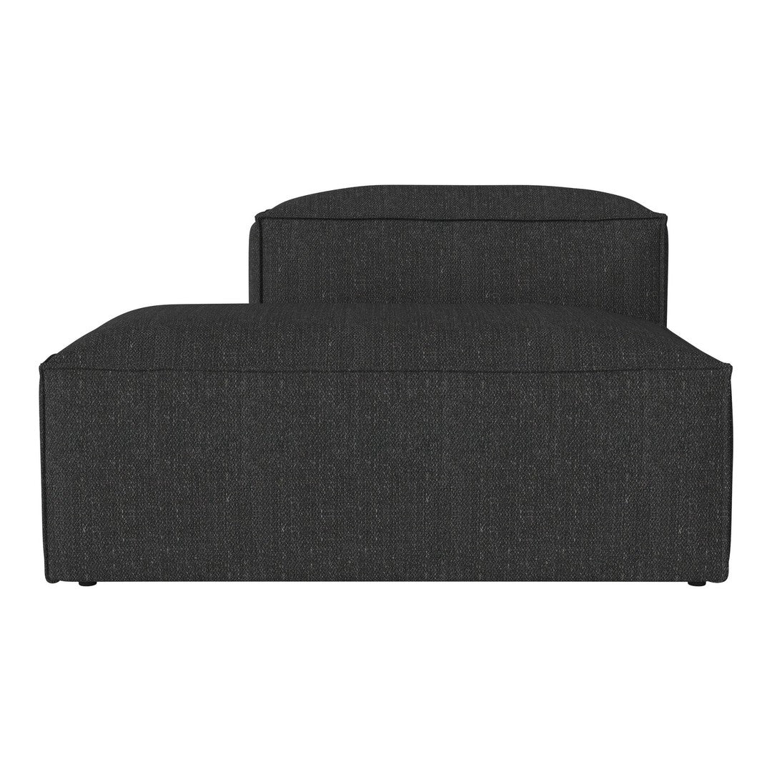 Gray upholstered chaise lounge with a smooth, modern texture and minimalist design.