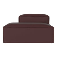 Deep burgundy leather ottoman with a sleek, modern design and smooth, minimalistic lines. Ideal for any decor.