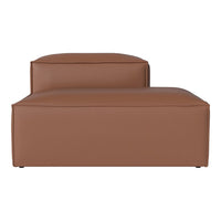 Brown leather chaise lounge with a smooth, minimalist design and clean lines. Perfect for modern decor.