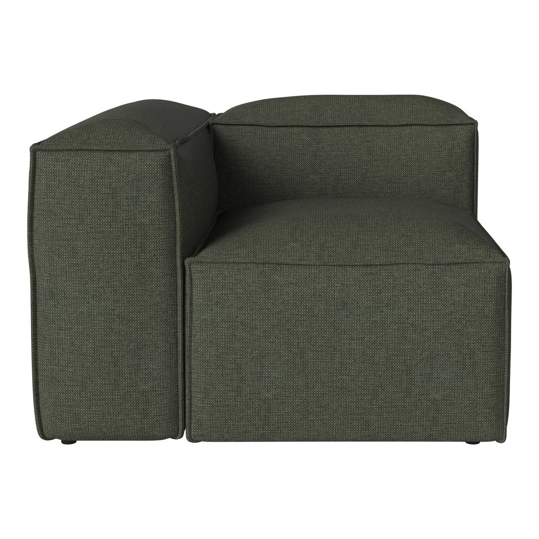 Dark green textured corner couch with a simple, modern design and clean lines. Perfect for contemporary living spaces.