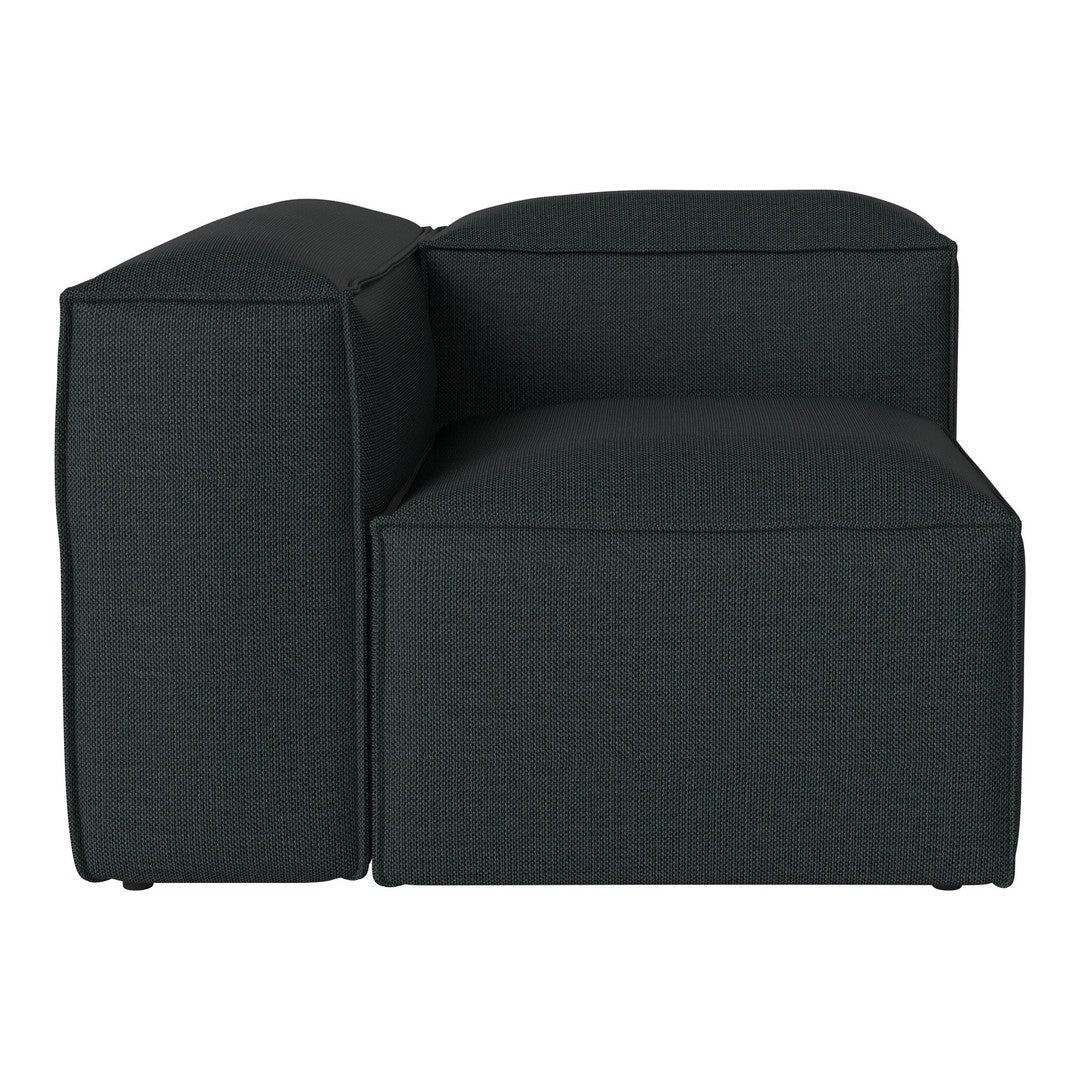 Dark green textured fabric corner chair with a sleek, modern design. Perfect for contemporary living spaces.