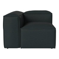 Dark green textured fabric corner chair with a sleek, modern design. Perfect for contemporary living spaces.