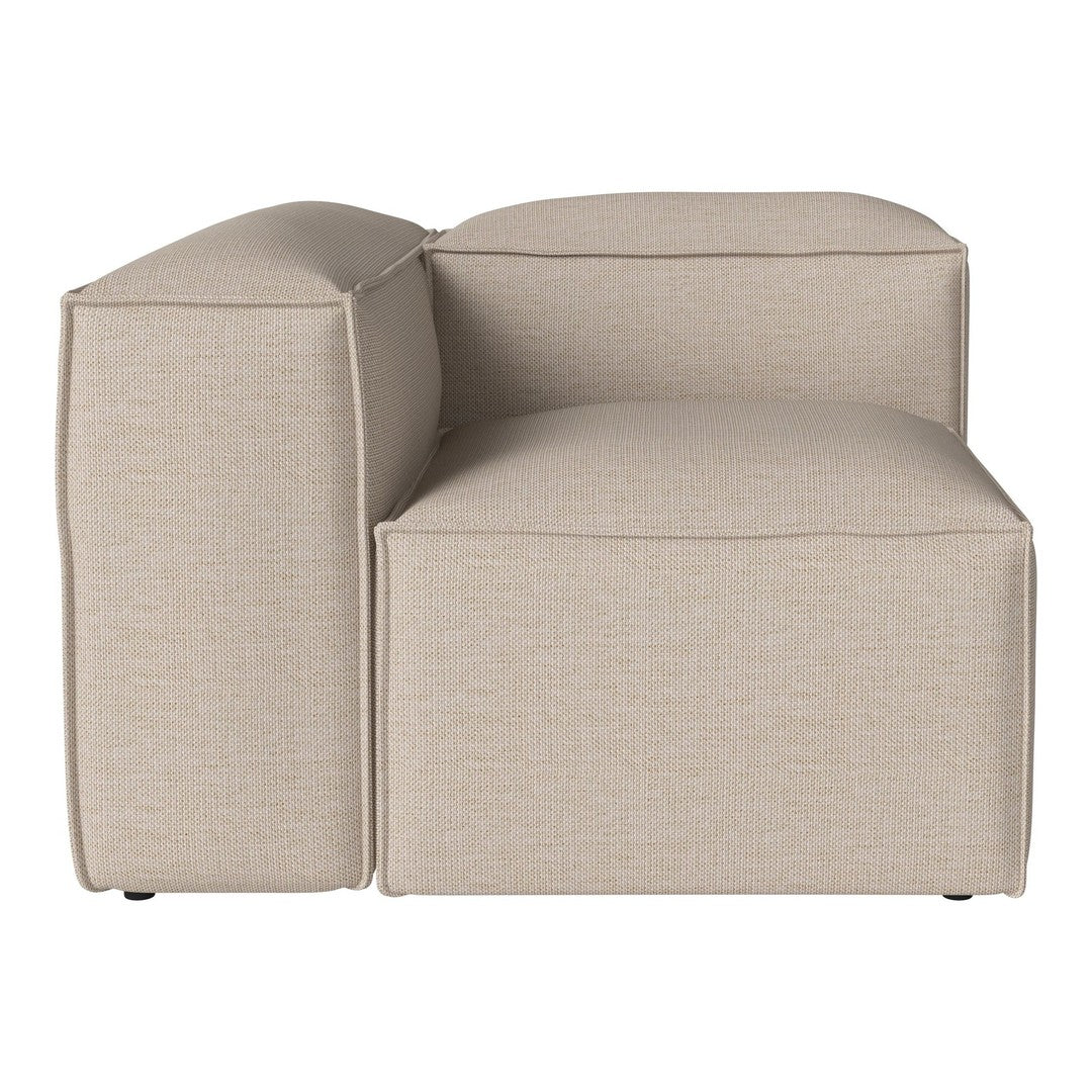 Beige textured fabric accent chair with a modern, minimalist design, perfect for stylish living spaces.