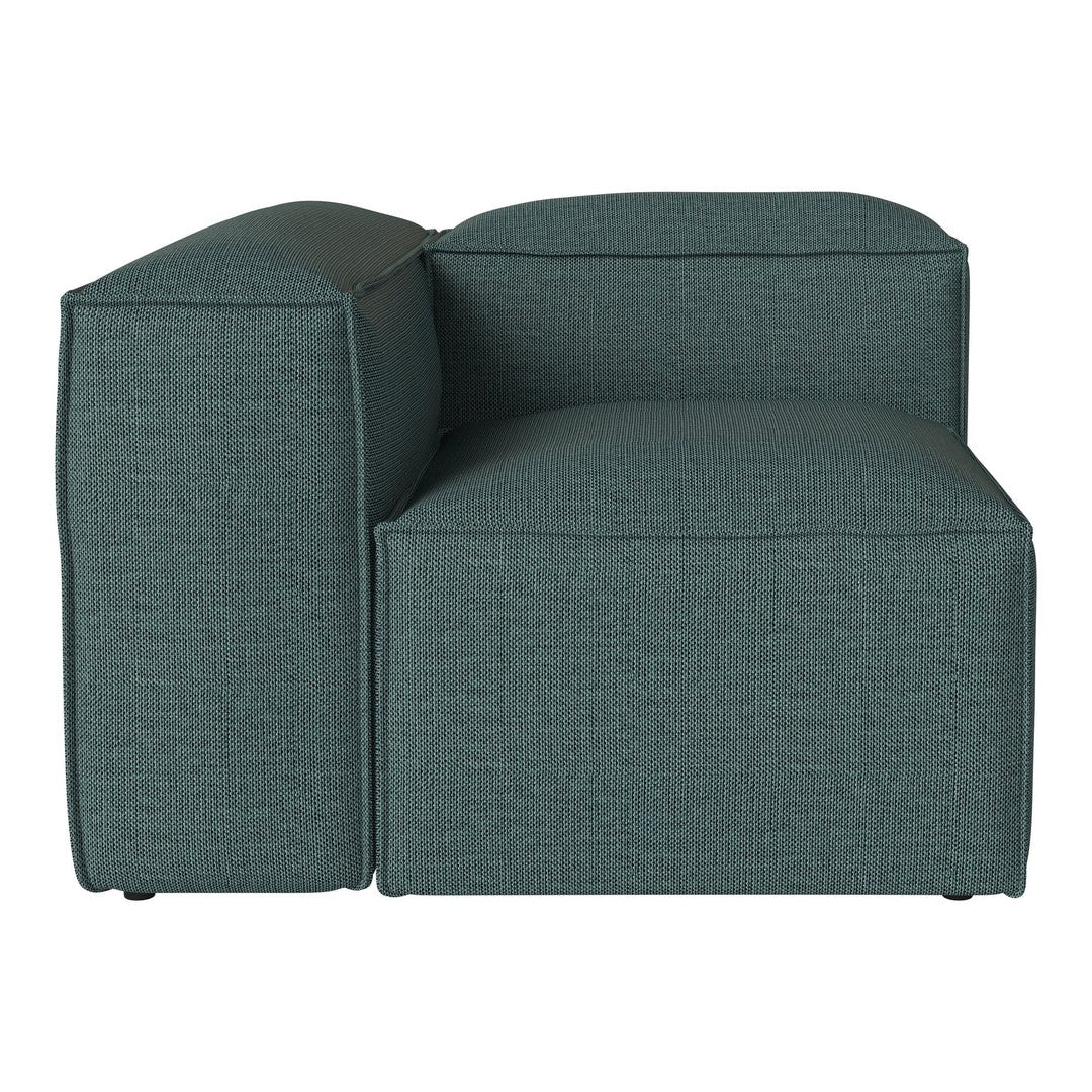 Teal upholstered sectional couch with a textured fabric and clean lines, perfect for modern living spaces.
