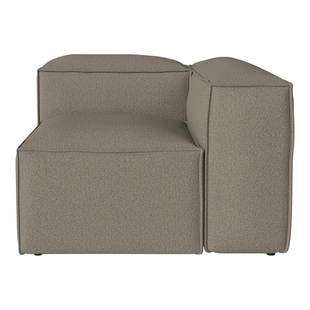 Taupe sectional couch with a textured, plush fabric, featuring clean lines and a minimalist design. Ideal for modern interiors.