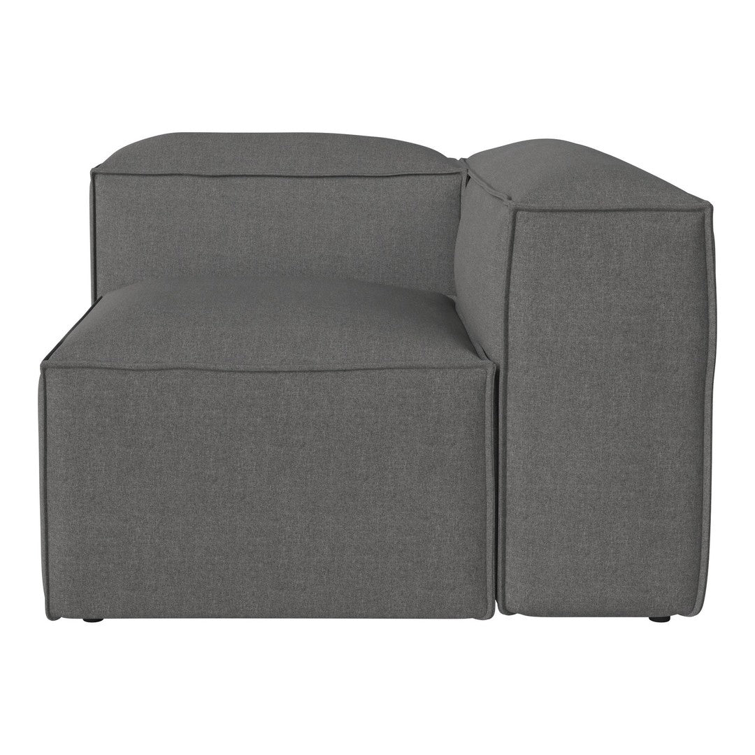 Gray upholstered modular sofa with a minimalistic design, featuring a solid color and clean lines.