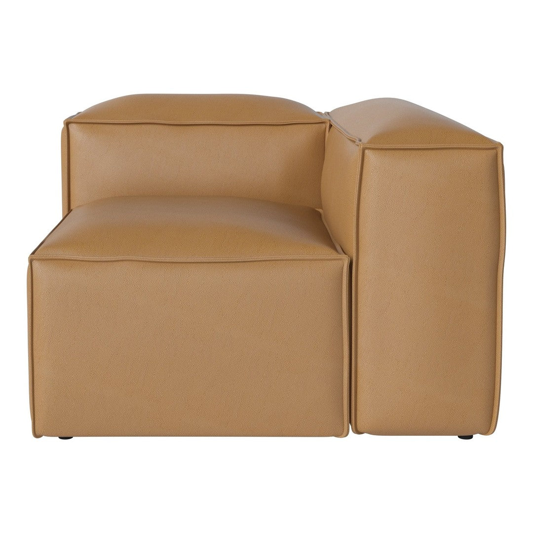 Tan leather corner sofa with smooth, minimalist design; features clean lines and a contemporary aesthetic.