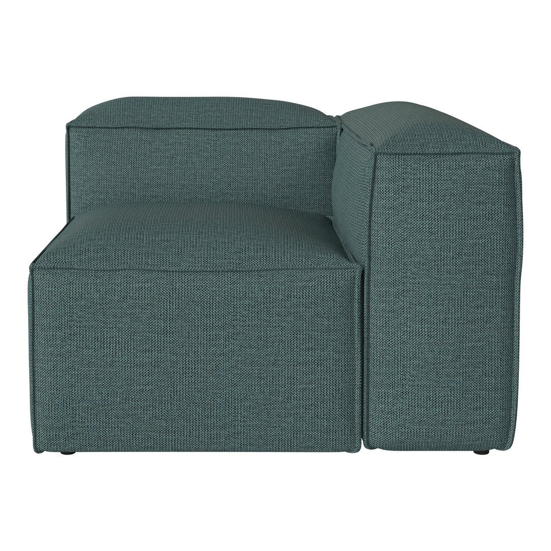 Teal textured upholstered couch with a minimalistic design and clean lines, perfect for modern decor.