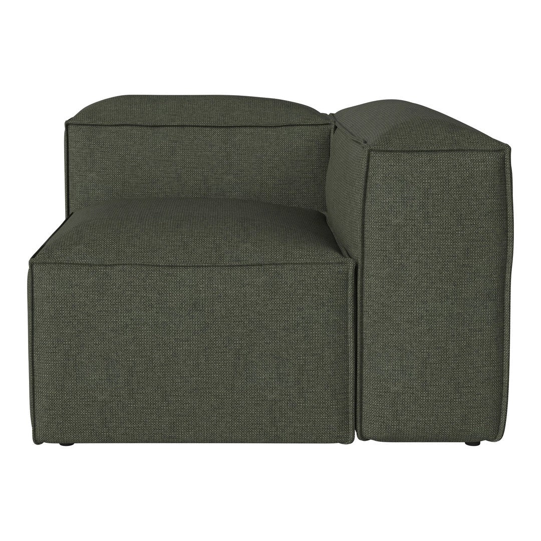 Green striped fabric corner sofa with a smooth, modern design and minimalist aesthetic. Perfect for contemporary spaces.