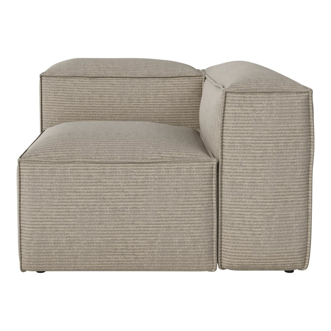 "Beige striped sectional sofa with a modern design, featuring subtle texture and clean lines."