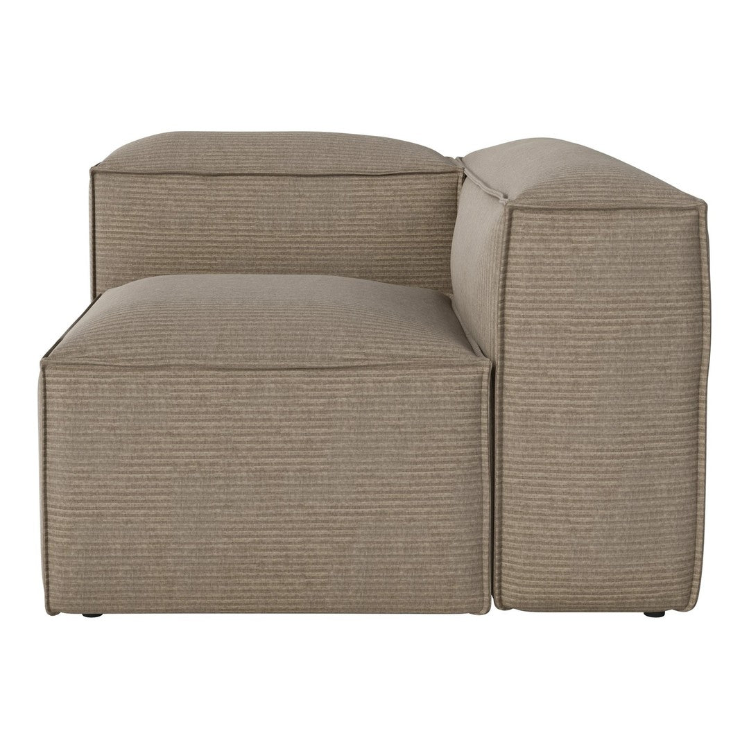 Beige striped corner sofa section with a modern, minimalist design. Soft texture and chic lines for contemporary decor.