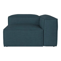 Teal fabric sectional sofa with a sleek, modern design and subtle texture, perfect for contemporary living spaces.