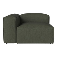 Green upholstered corner chair with a sleek, modern design and textured fabric pattern. Ideal for contemporary decor.