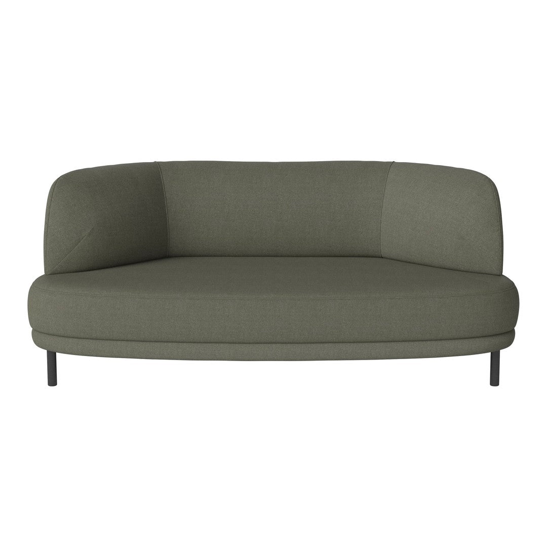 Olive green rounded sofa with a minimalist design and smooth fabric, featuring subtle color variations.