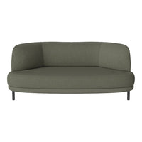 Olive green rounded sofa with a minimalist design and smooth fabric, featuring subtle color variations.